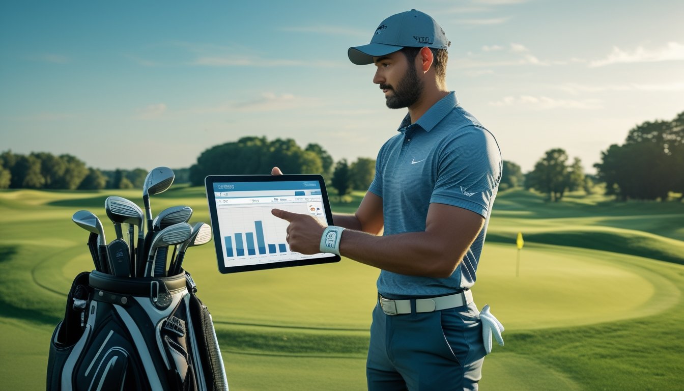 Seorang pegolf pria sedang melihat data statistik pada tablet di lapangan golf hijau yang rapi dengan tas golf di sampingnya.