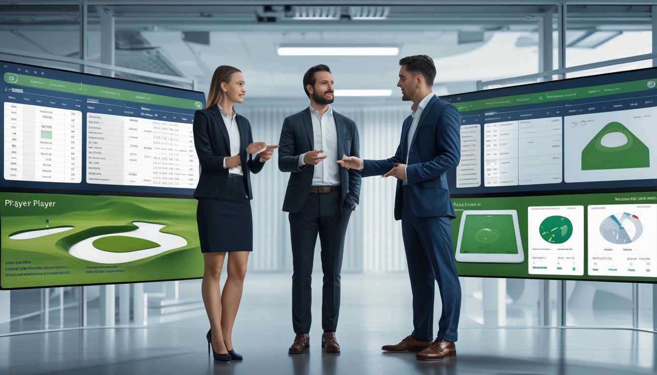 Dua orang profesional sedang menganalisis statistik pemain golf di layar digital di sebuah kantor modern.