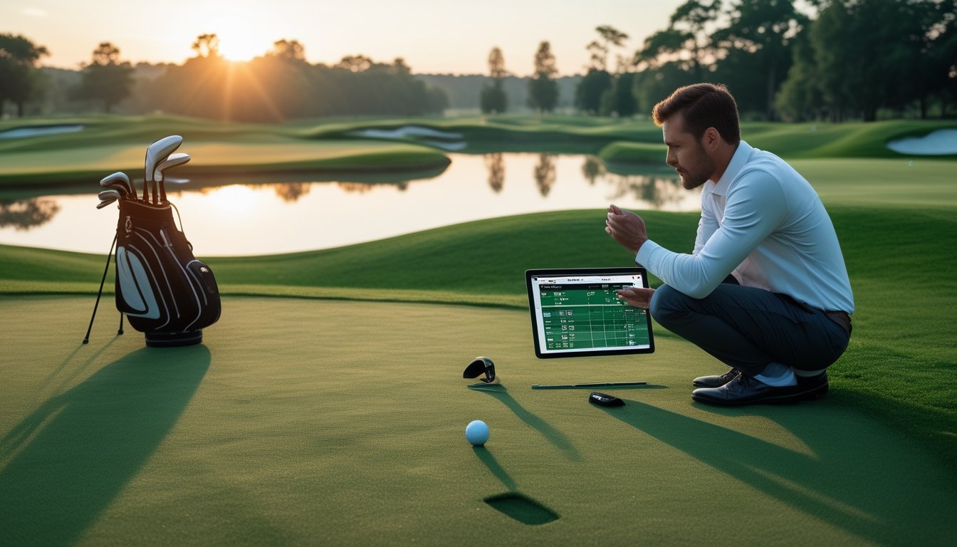 Seorang pria berpakaian kasual sedang melihat tablet di lapangan golf hijau saat matahari terbit, dengan tas golf dan bola golf di dekatnya.