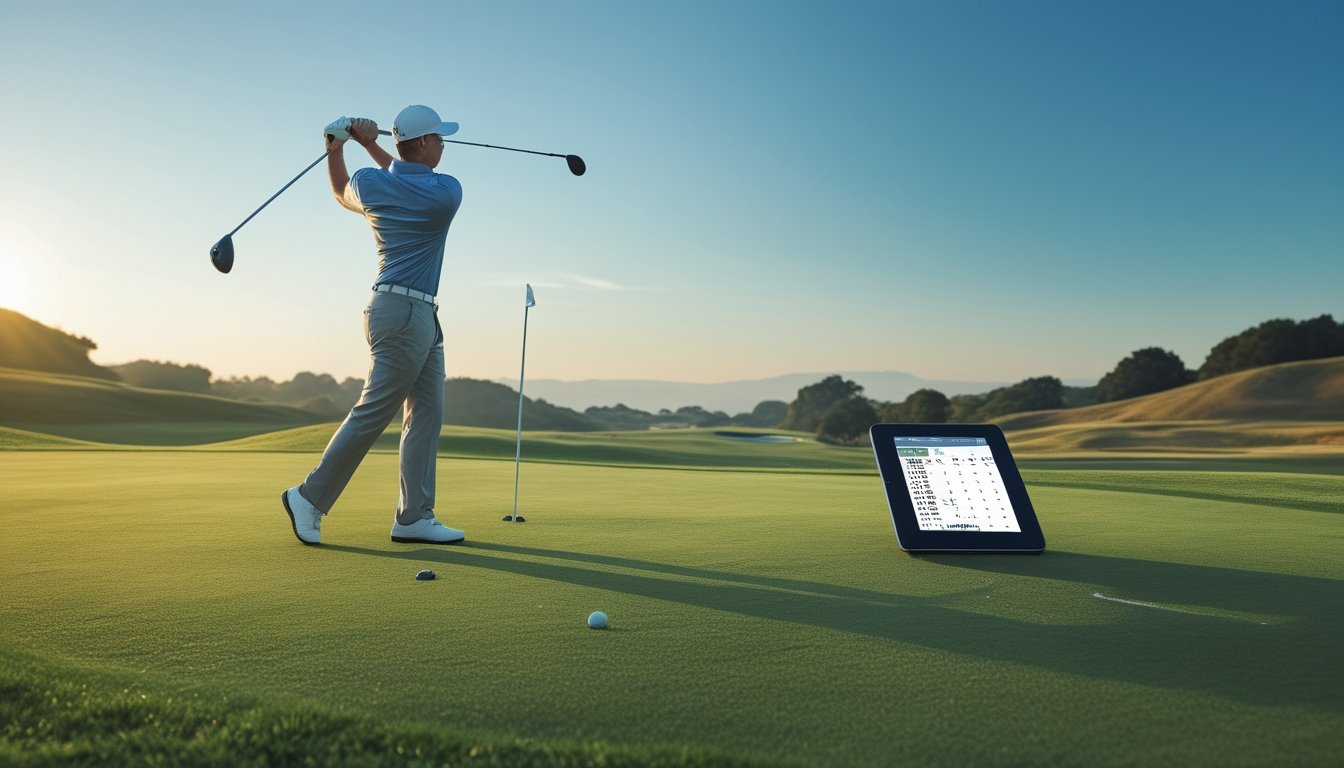Seorang pegolf sedang mengayunkan tongkat golf di lapangan golf yang hijau dengan pemandangan alam di latar belakang dan perangkat digital di dekatnya.
