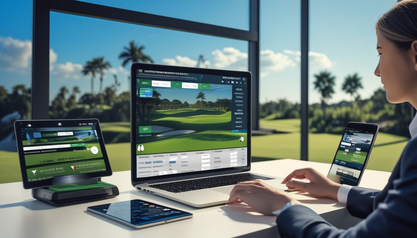 Seorang pria menggunakan beberapa perangkat digital di meja kerja dengan latar belakang lapangan golf yang hijau dan cerah.