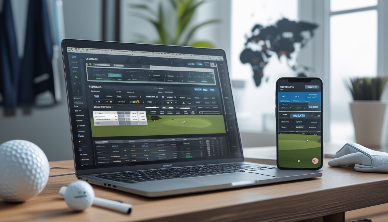Seorang pria menggunakan laptop dan smartphone dengan layar menampilkan berbagai pilihan pasar taruhan golf internasional, dikelilingi perlengkapan golf di atas meja kayu.