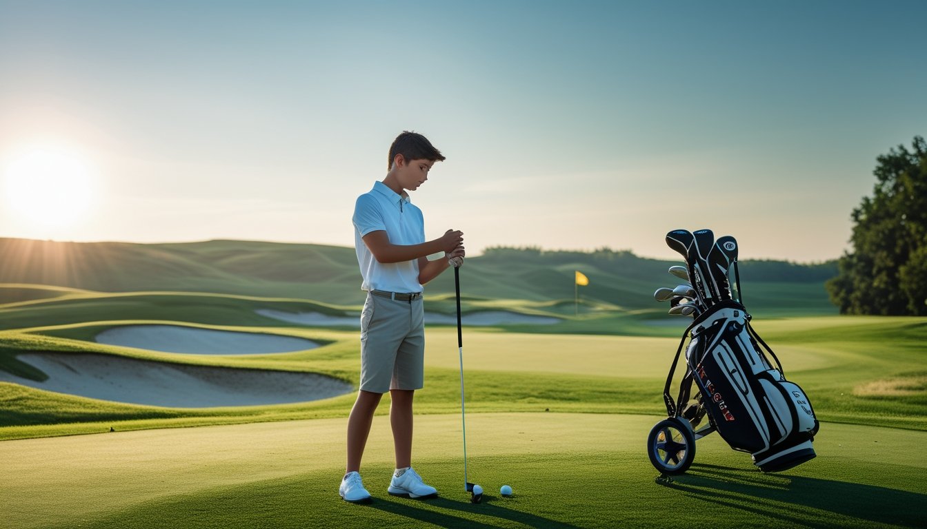 Seorang pemain golf muda sedang mempersiapkan pukulan di lapangan golf yang hijau dengan latar belakang bukit dan bendera lubang.
