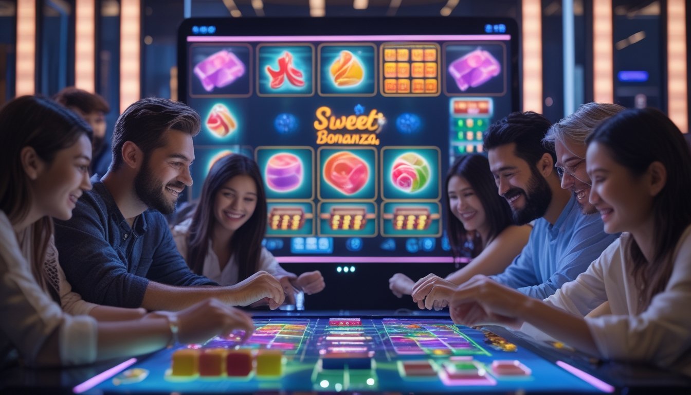Sekelompok pemain sedang asyik bermain permainan Sweet Bonanza dan Mahjong 2 di sebuah meja permainan dengan layar digital berwarna-warni, di dalam ruang permainan yang nyaman dan terang.