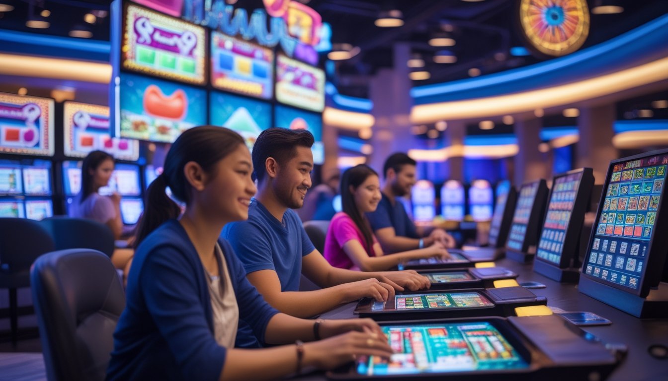 Beberapa orang sedang asyik bermain permainan slot digital dan Mahjong di sebuah ruangan permainan yang nyaman.