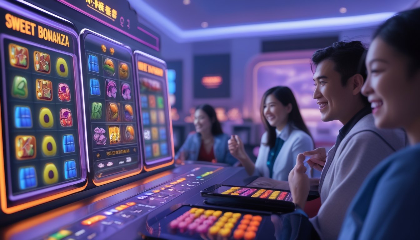 Beberapa orang bermain game slot dan mahjong secara online di ruangan dengan layar digital dan suasana yang cerah.