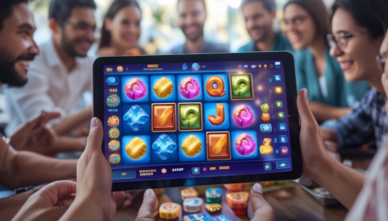 Sekelompok orang bermain game slot online dengan layar berwarna cerah yang menampilkan ikon permen dan ubin Mahjong.