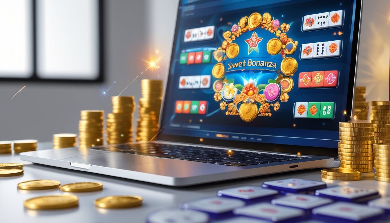 Sebuah setup permainan modern dengan layar menampilkan grafis warna-warni dan elemen koin emas serta ubin mahjong di sekitarnya.
