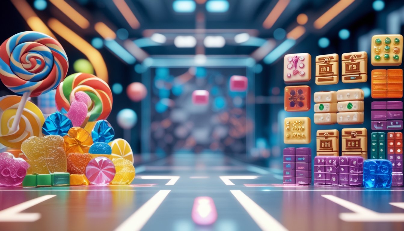 Gambar yang menampilkan perbandingan antara permainan Sweet Bonanza dengan permen warna-warni dan Mahjong 2 dengan ubin mahjong tradisional.