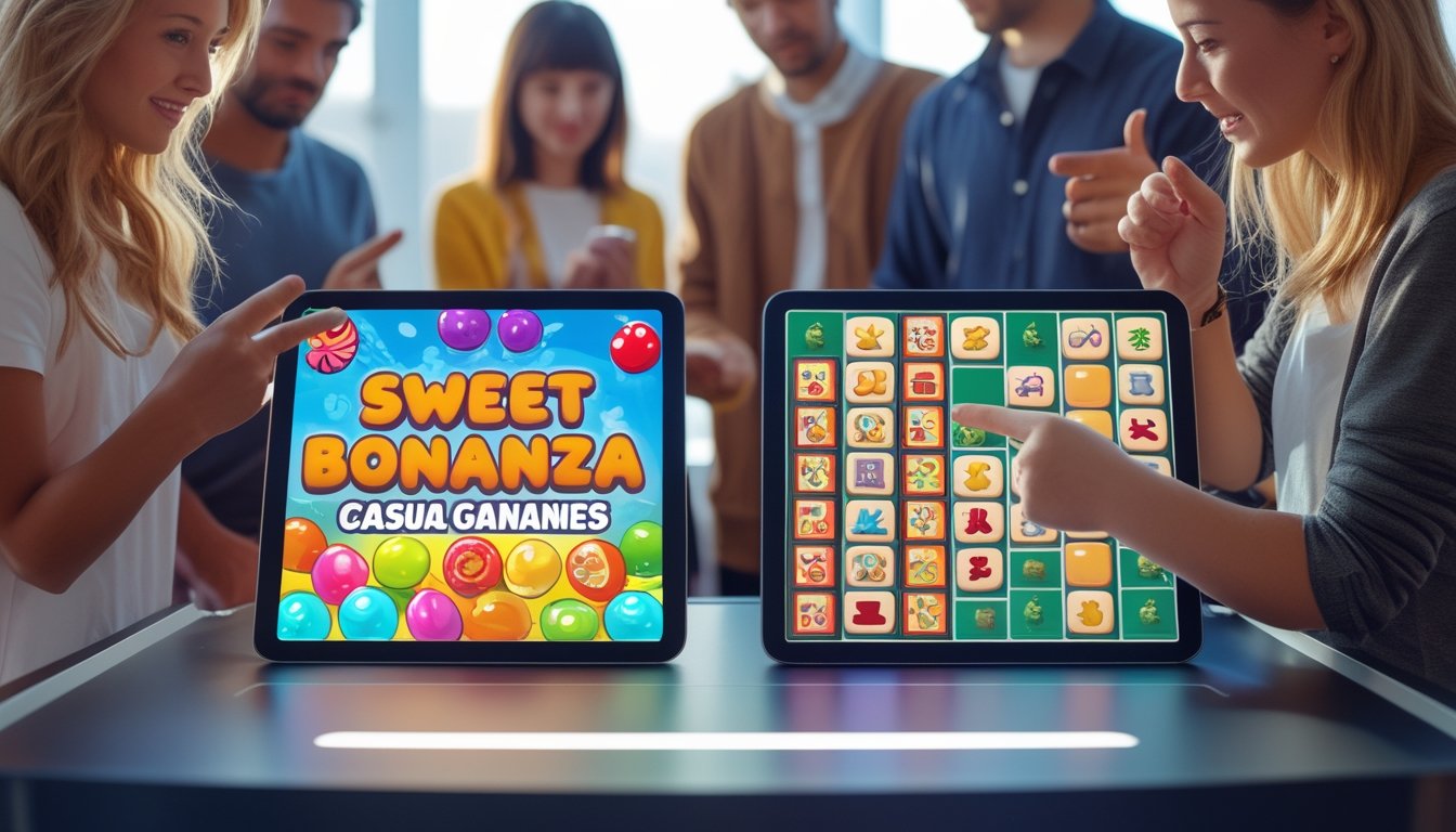 Dua tablet di atas meja menampilkan permainan Sweet Bonanza dan Mahjong 2 dengan beberapa orang muda berdiskusi di latar belakang.