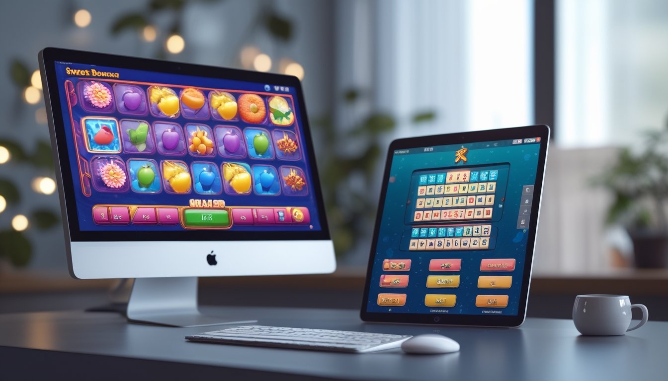 Dua perangkat dengan tampilan permainan Sweet Bonanza dan Mahjong 2 berdampingan di atas meja, menunjukkan suasana bermain yang menarik bagi pemula.