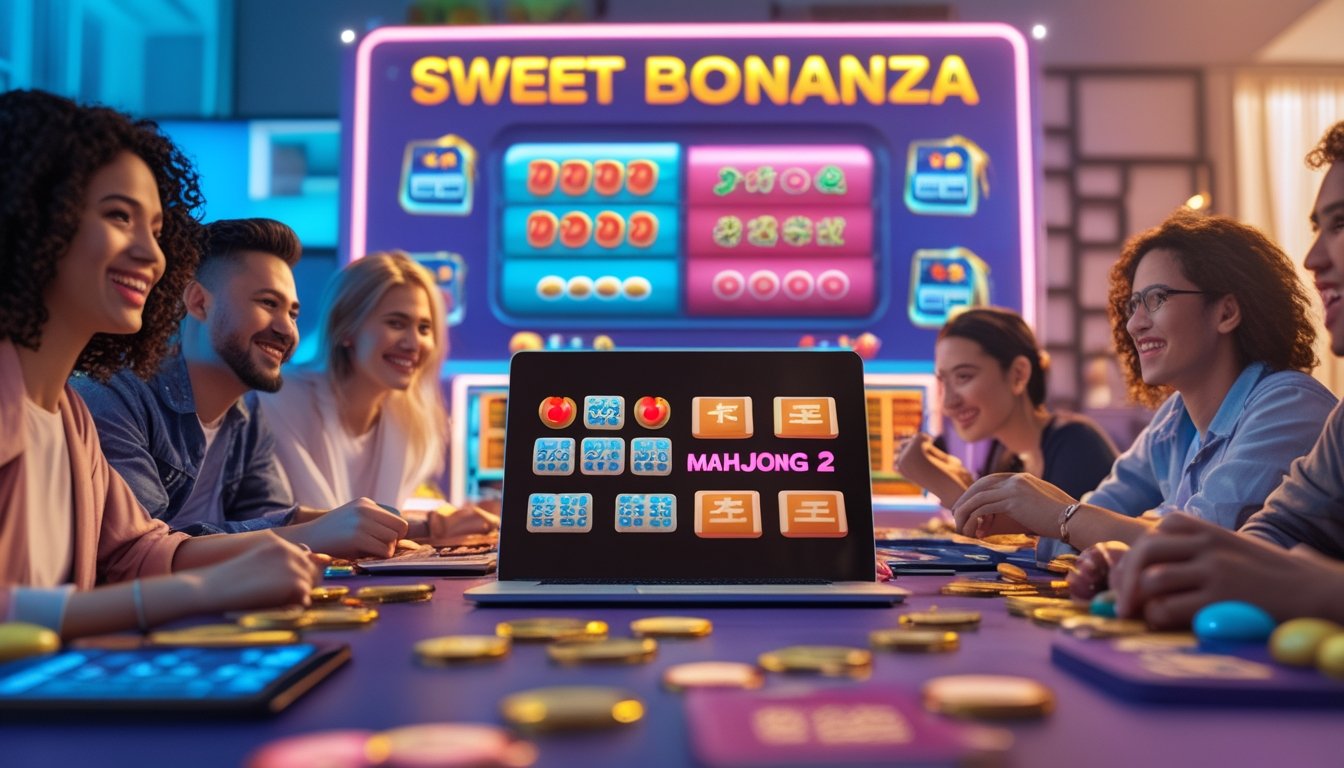 Beberapa orang sedang bermain slot online dengan layar menampilkan simbol permen dan ubin mahjong, suasana ceria dan penuh konsentrasi.