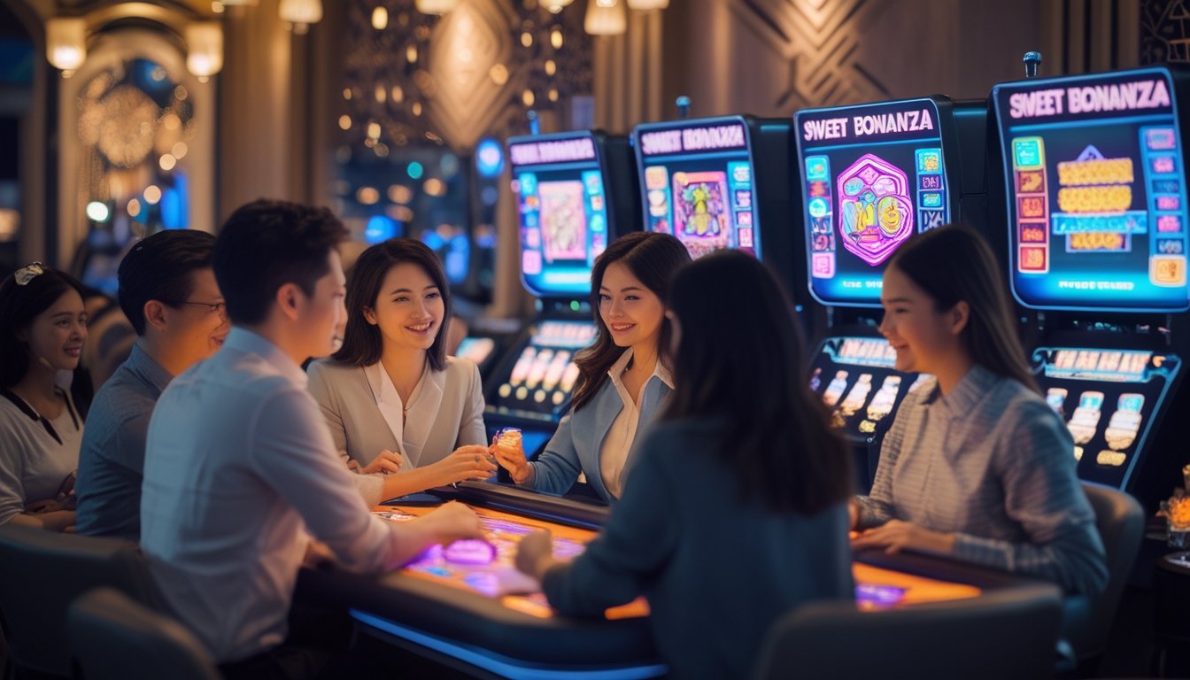 Sekelompok orang sedang bermain mesin slot digital dengan grafik warna-warni dan suasana permainan yang ceria.
