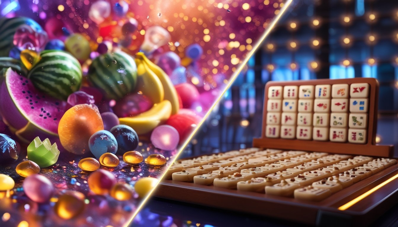 Pemandangan dua permainan online, satu dengan buah berwarna-warni dan permen, dan satu dengan susunan ubin mahjong di atas meja kayu.