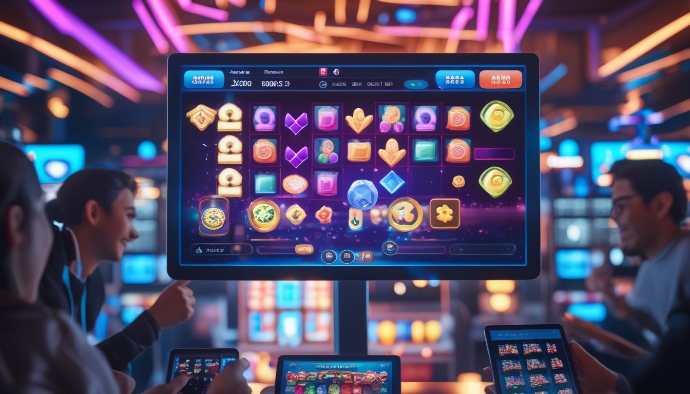Beberapa orang sedang bermain game digital dengan simbol warna-warni dan ubin tradisional di perangkat modern dalam ruangan yang terang dan nyaman.