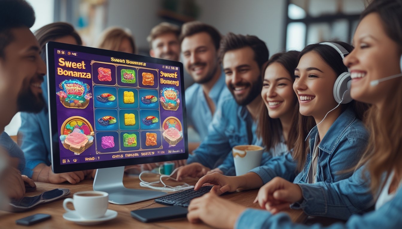 Beberapa orang bermain game slot online dengan layar komputer menampilkan permainan Sweet Bonanza dan Mahjong 2 di sebuah ruangan yang nyaman.