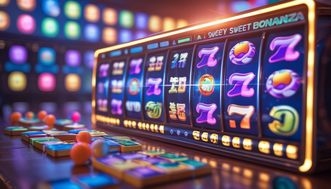Tampilan close-up mesin slot digital dengan simbol permen warna-warni dan ubin Mahjong yang tersusun rapi di atas meja kayu.