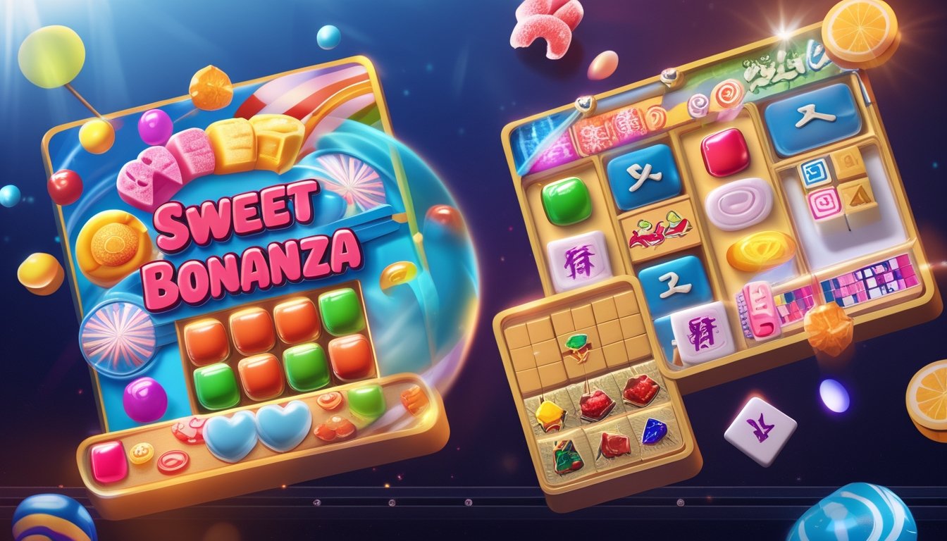 Adegan permainan dengan permen warna-warni dan ubin Mahjong yang menarik, menunjukkan suasana kesenangan dan bonus putaran gratis.