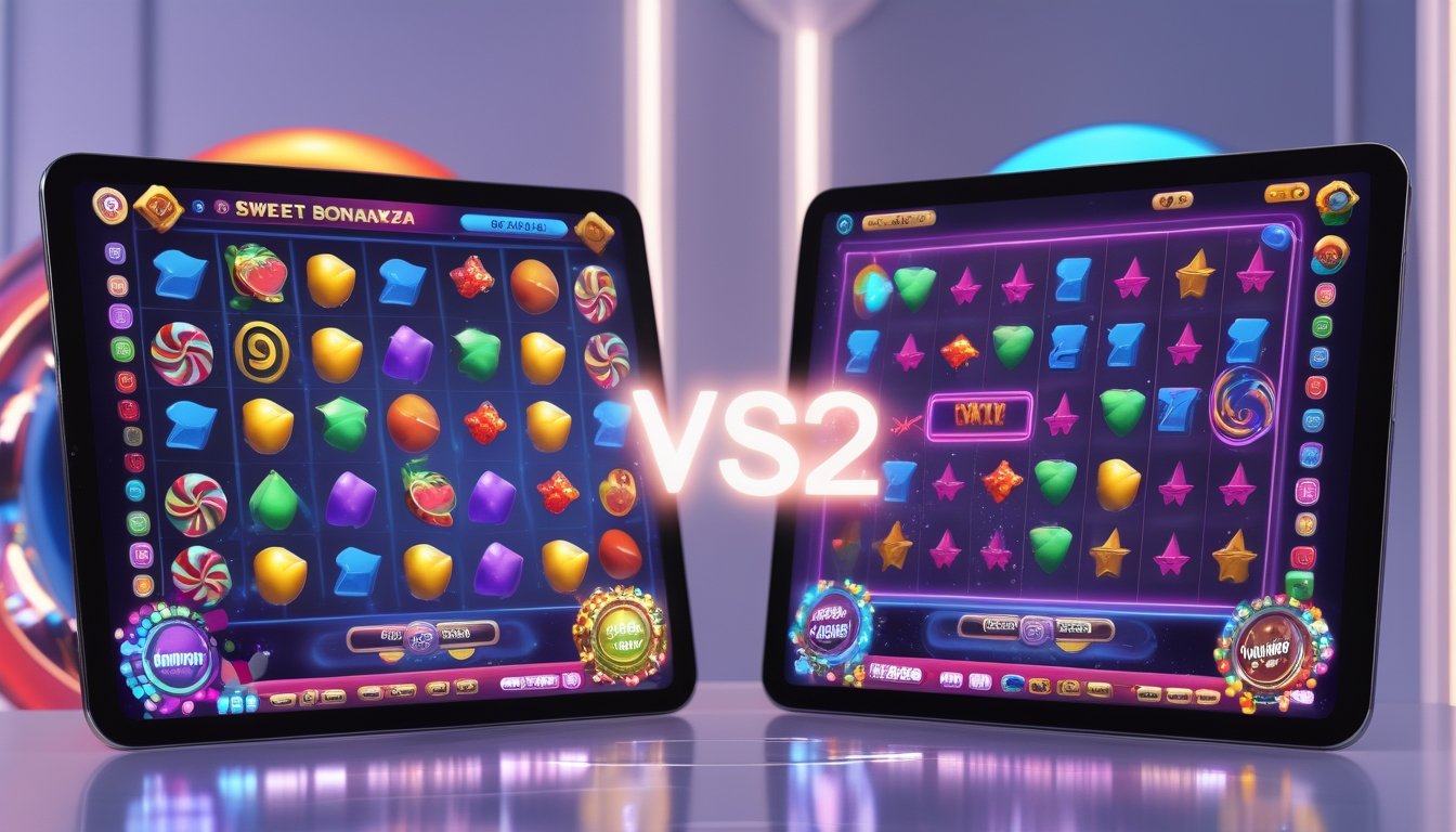 Dua perangkat modern menampilkan antarmuka permainan slot Sweet Bonanza dan Mahjong 2 secara berdampingan dengan simbol warna-warni dan ikon bonus di latar bersih.