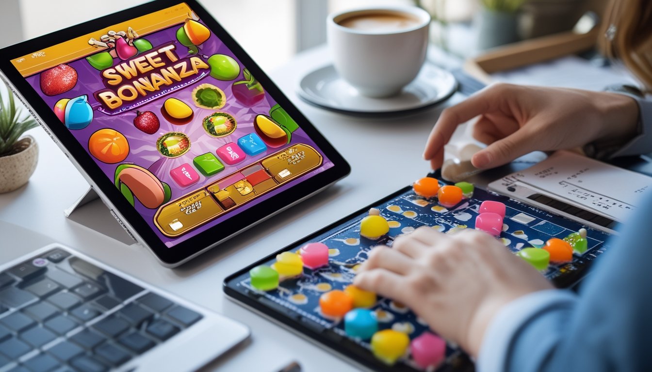 Tangan seseorang bermain game Sweet Bonanza di tablet dan Mahjong 2 dengan papan permainan Mahjong di atas meja.