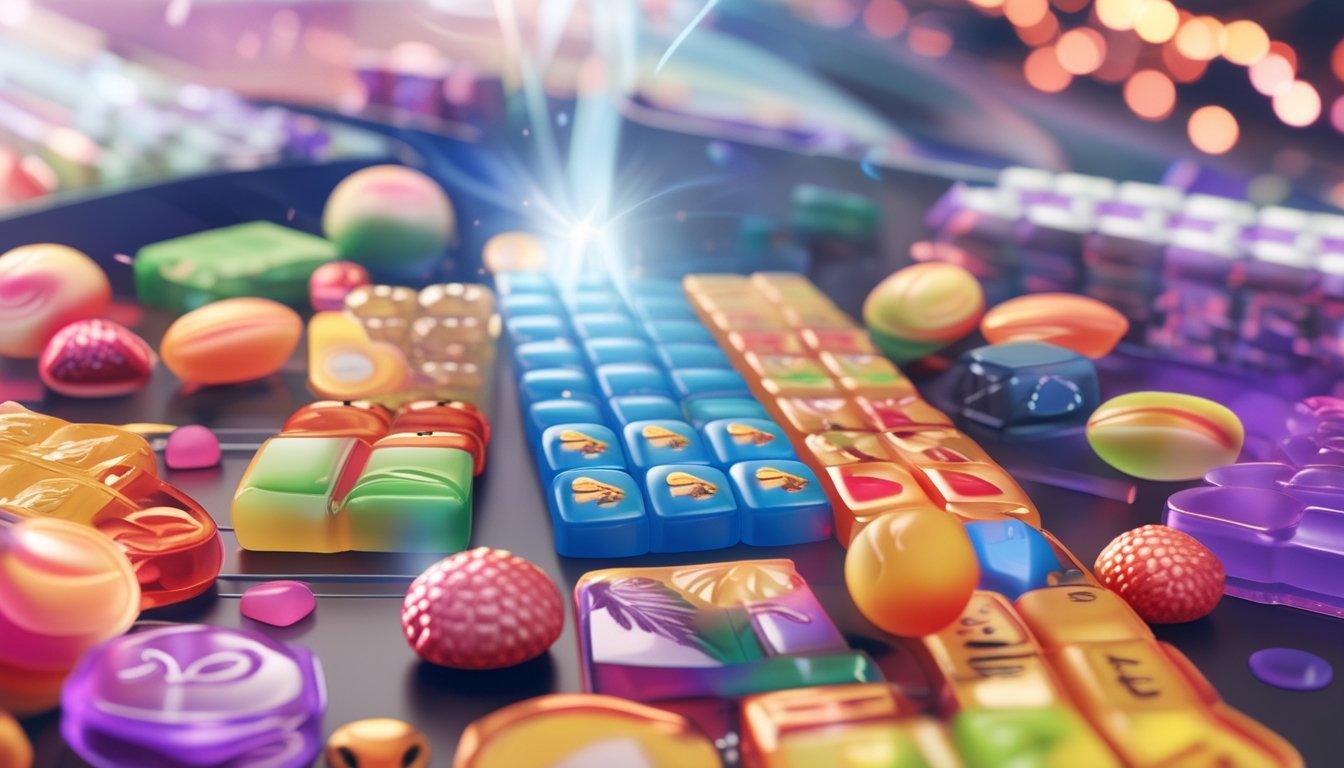 Gambaran visual fitur bonus dan keunggulan permainan Sweet Bonanza dan Mahjong 2 terbaru dengan permen warna-warni dan ubin Mahjong yang rapi.