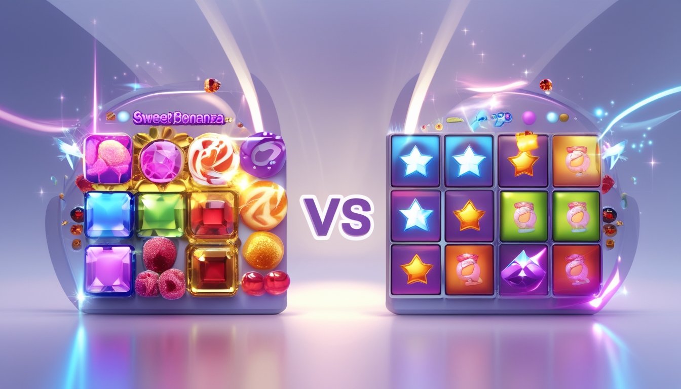 Perbandingan visual dua permainan slot Sweet Bonanza dengan tema permen berwarna-warni dan Mahjong 2 dengan ubin Mahjong tradisional, ditampilkan berdampingan tanpa teks.