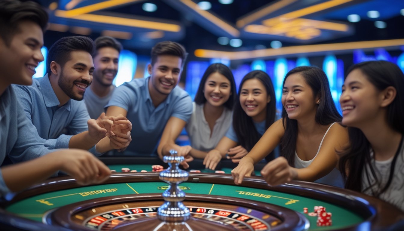 Sejumlah pemain pemula yang antusias mengamati roda roulette berputar di kasino dengan pencahayaan dinamis.