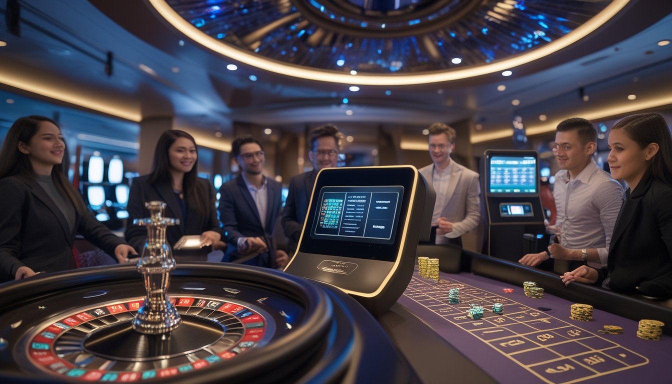 Beberapa pemain pemula sedang mengamati meja roulette otomatis dan lightning roulette di dalam kasino modern.