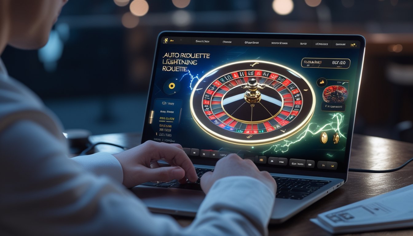 Tampilan antarmuka kasino online dengan roda roulette digital yang menyala dan perangkat modern menampilkan permainan Auto Roulette dan Lightning Roulette.