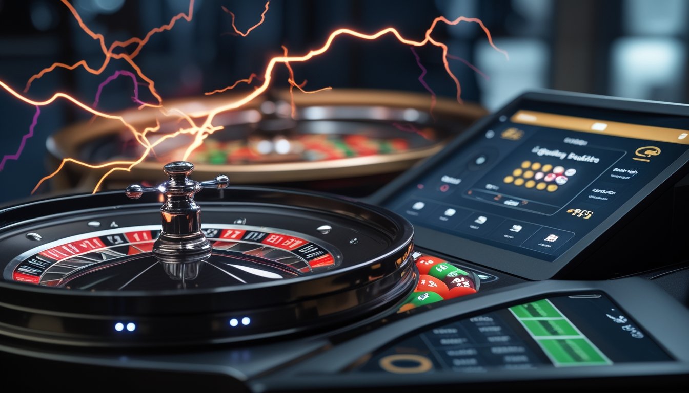 Sebuah meja kasino online dengan roda roulette digital dan efek petir yang menyala, menampilkan fitur permainan Auto Roulette dan Lightning Roulette.