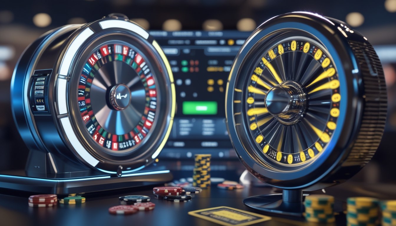 Dua roda roulette berbeda di kasino online, satu dengan tampilan modern otomatis dan satu dengan efek petir cerah, dikelilingi chip kasino dan layar komputer.