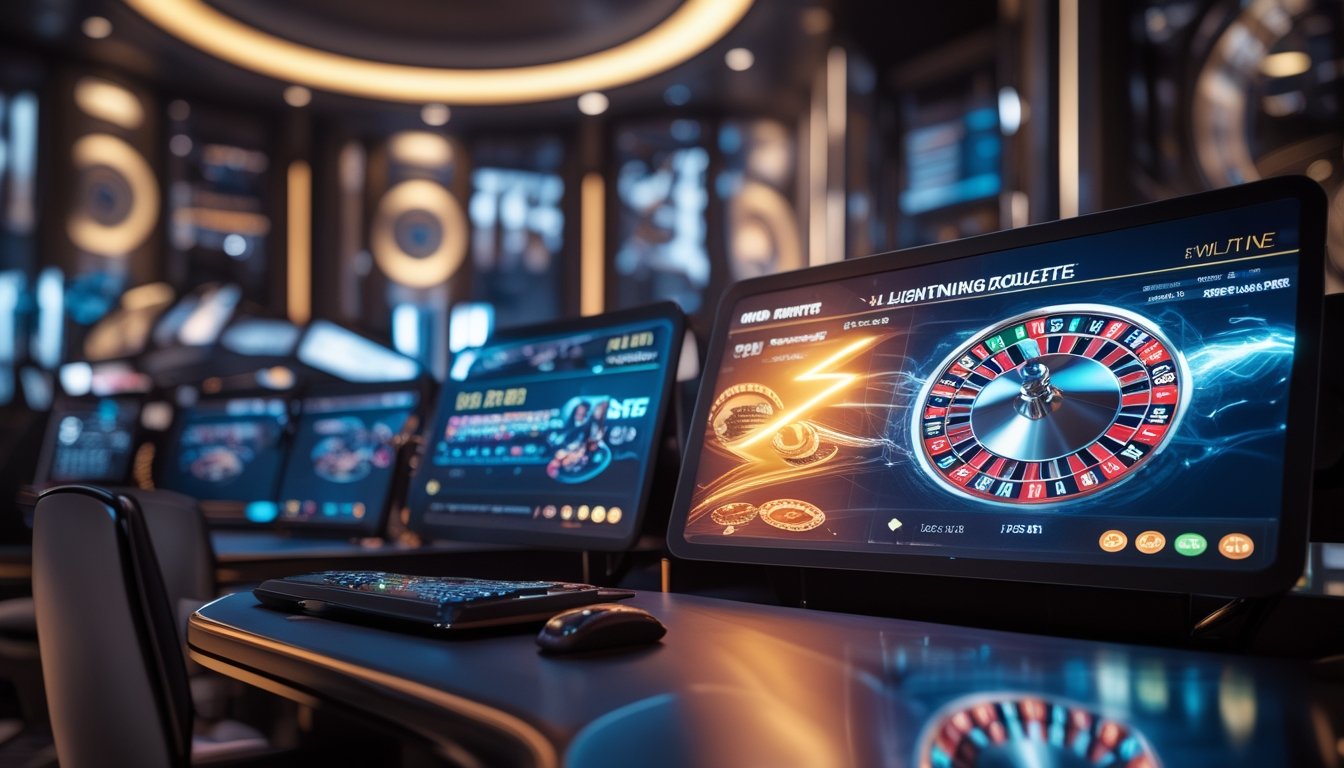 Tampilan modern permainan roulette online dengan roda roulette digital dan efek cahaya di lingkungan kasino yang elegan.