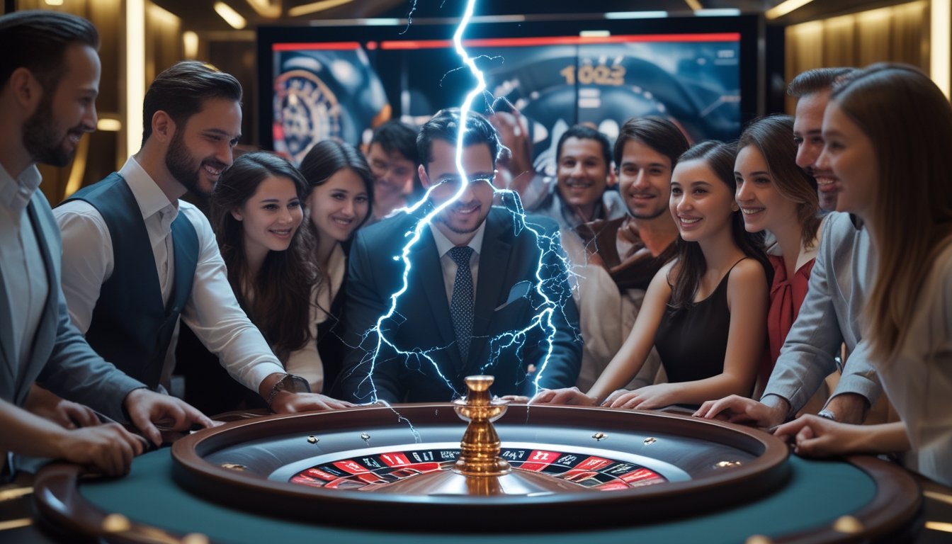 Beberapa orang sedang bermain roulette di kasino dengan roda roulette yang berkilau dan efek petir di sekitarnya.
