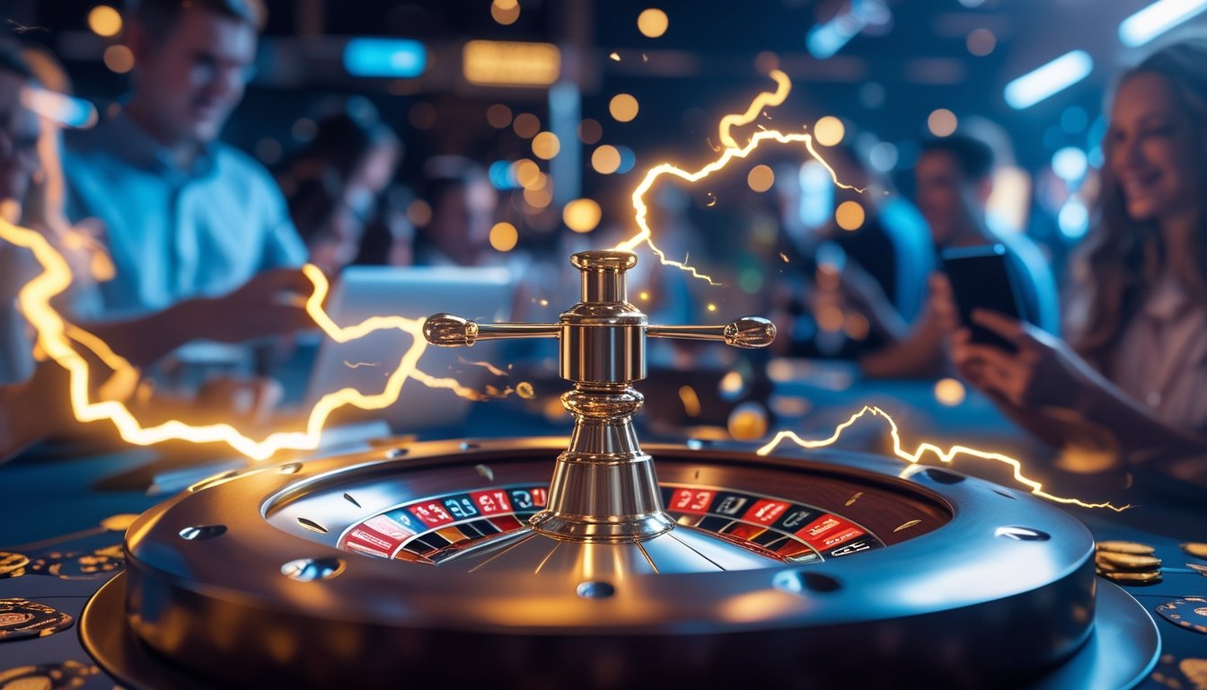 Meja roulette dengan kilatan petir di sekitarnya dan pemain yang menggunakan perangkat digital di latar belakang.