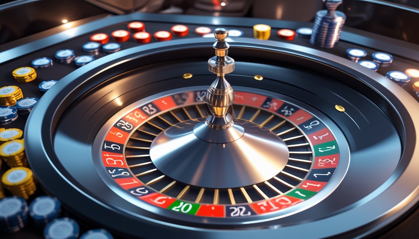 Meja roulette kasino dengan roda roulette yang berputar cepat dan chip taruhan berwarna-warni di sekitarnya.