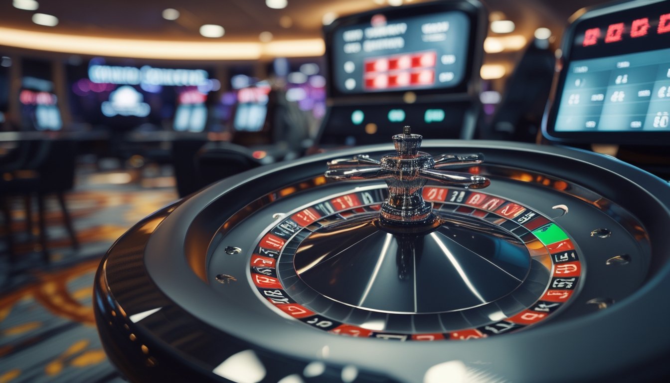 Roda roulette otomatis yang berputar cepat dengan layar digital menampilkan peluang menang besar di latar kasino.