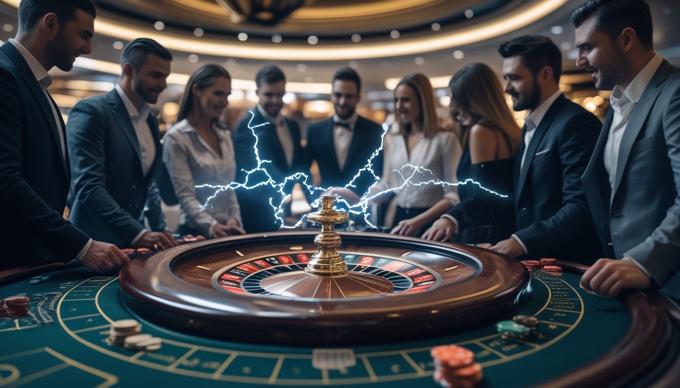 Meja roulette dengan efek petir dan beberapa pemain yang fokus bermain di kasino modern.