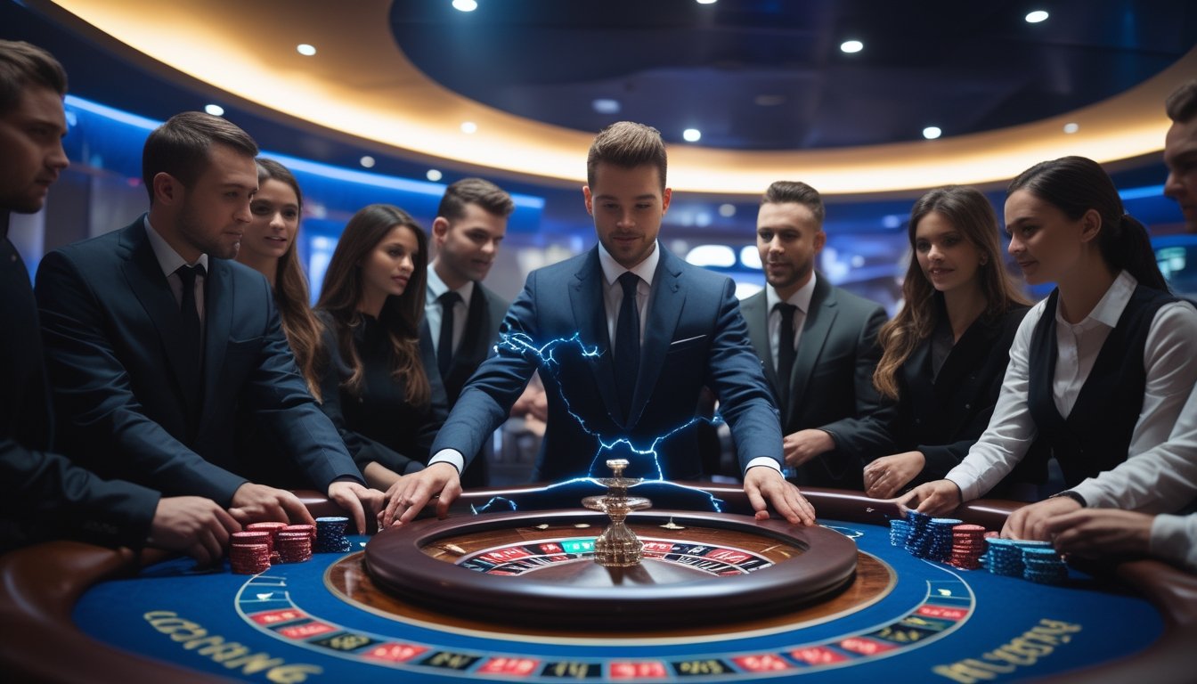 Meja roulette dengan pemain dan dealer di kasino yang modern dan terang, menampilkan suasana permainan yang fokus dan antusias.