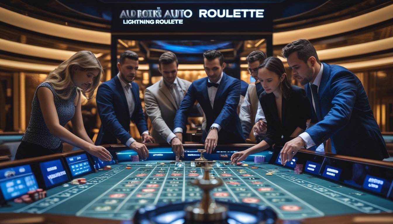 Meja roulette otomatis dan lightning roulette di kasino dengan pemain yang sedang memasang taruhan secara strategis.