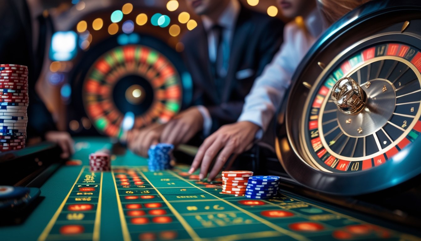 Pemandangan dekat meja roulette dengan pemain yang sedang fokus bermain di kasino.
