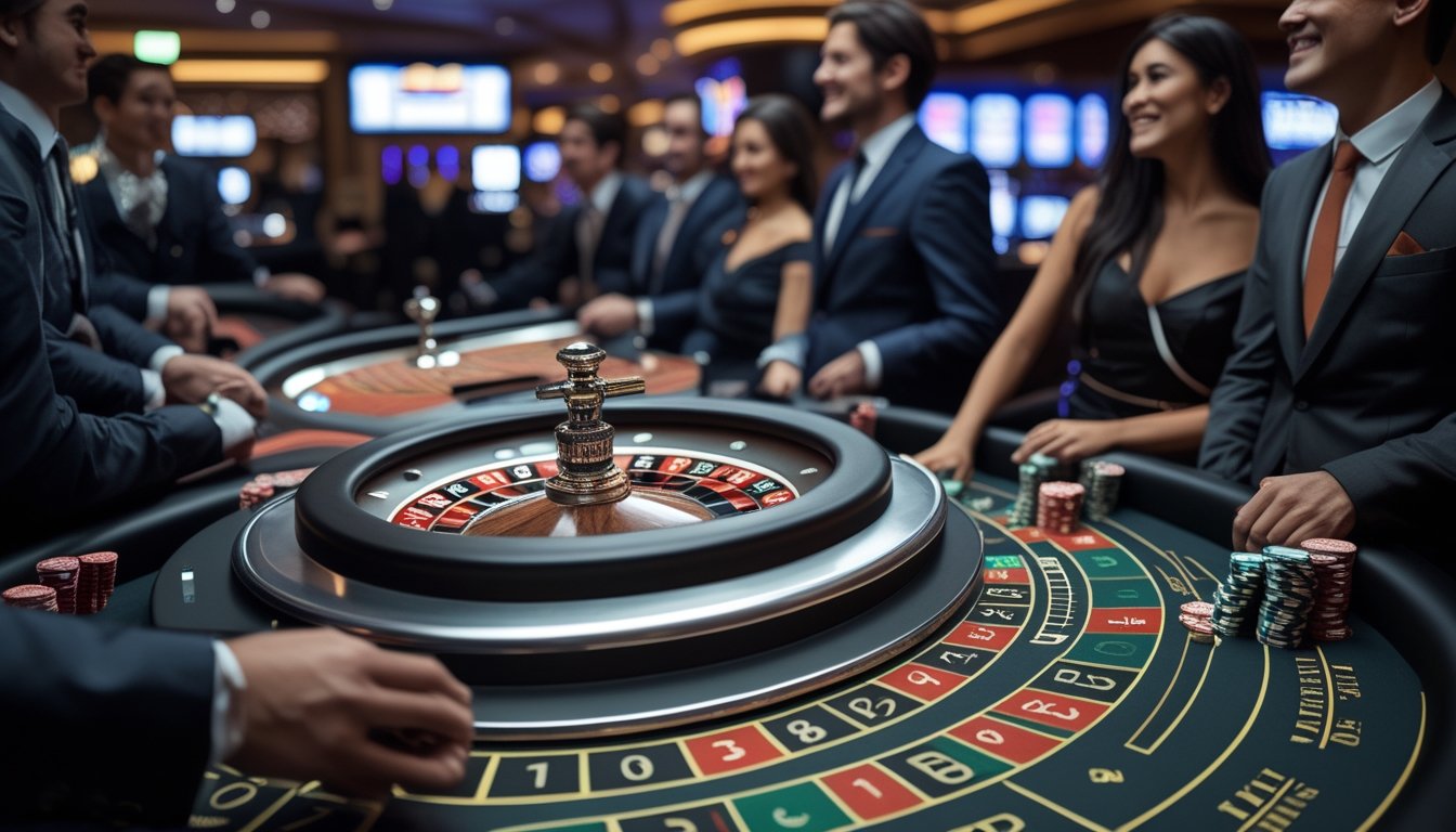 Meja roulette otomatis yang sedang berputar dengan pemain yang memperhatikan di kasino modern.