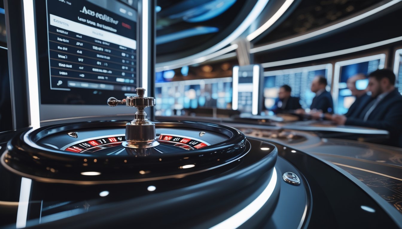 Sebuah roda roulette otomatis berputar di kasino modern dengan pemain yang menggunakan perangkat digital untuk bertaruh secara interaktif.