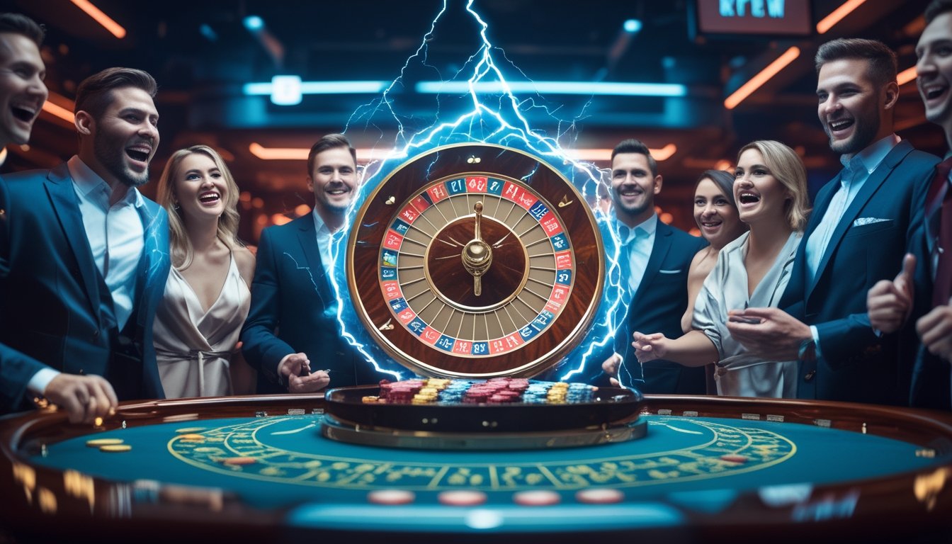Meja roulette dengan efek petir dan pemain yang antusias di kasino online.