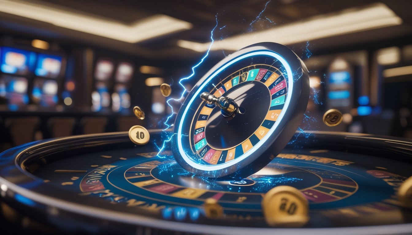 Roda roulette digital yang berkilau dengan efek petir di latar kasino mewah yang gelap dan elegan.