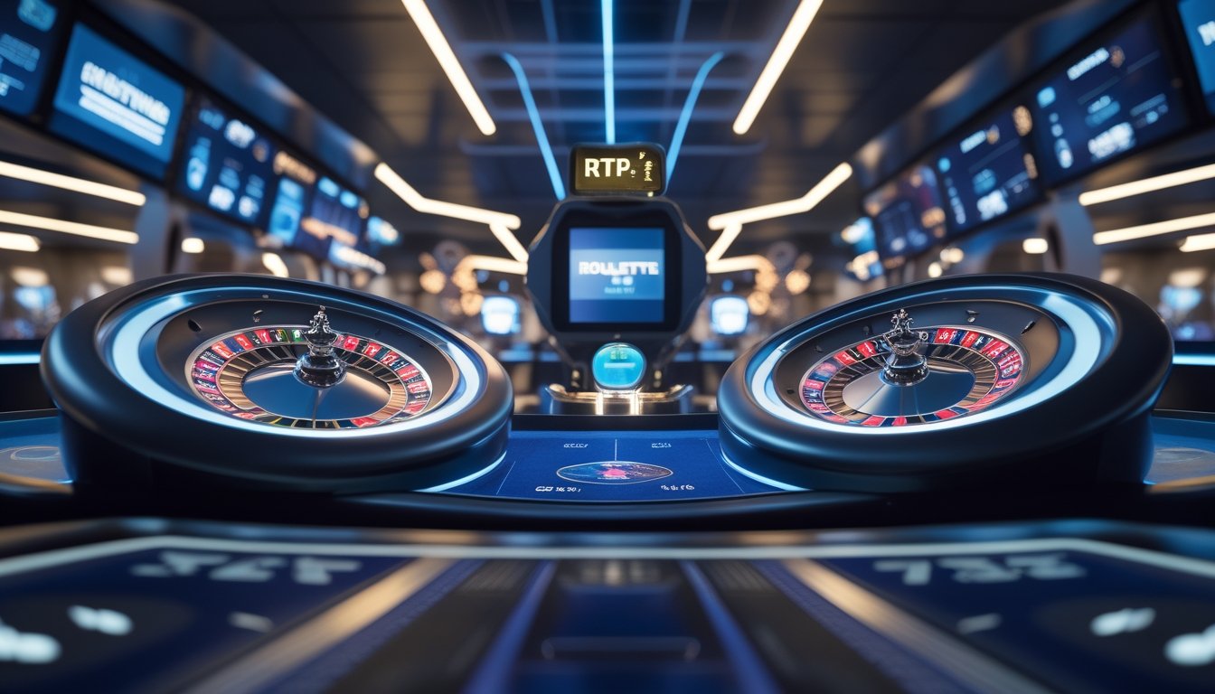 Dua roda roulette modern di kasino dengan lampu LED dan layar digital di latar belakang, menunjukkan suasana permainan kasino yang canggih dan dinamis.