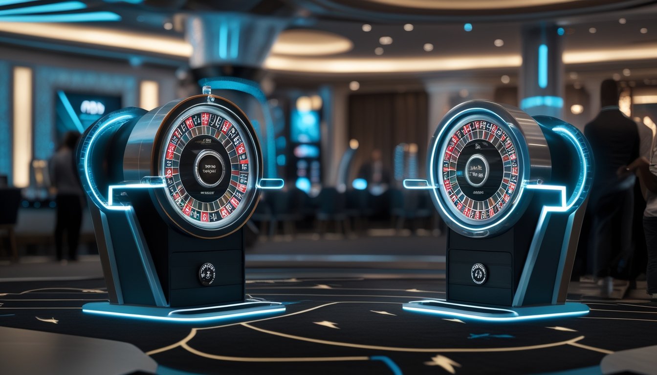 Dua meja roulette modern di kasino dengan satu menampilkan roda roulette otomatis dan satu lagi dengan elemen petir yang menyala, dikelilingi oleh dekorasi kasino dan pemain yang mengamati.