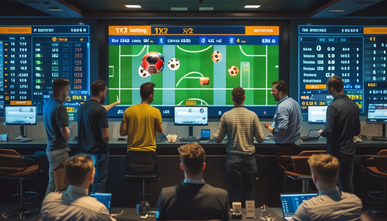 Sekelompok orang sedang memperhatikan layar besar yang menampilkan pertandingan sepak bola dan peluang taruhan 1X2 di sebuah ruang taruhan olahraga modern.