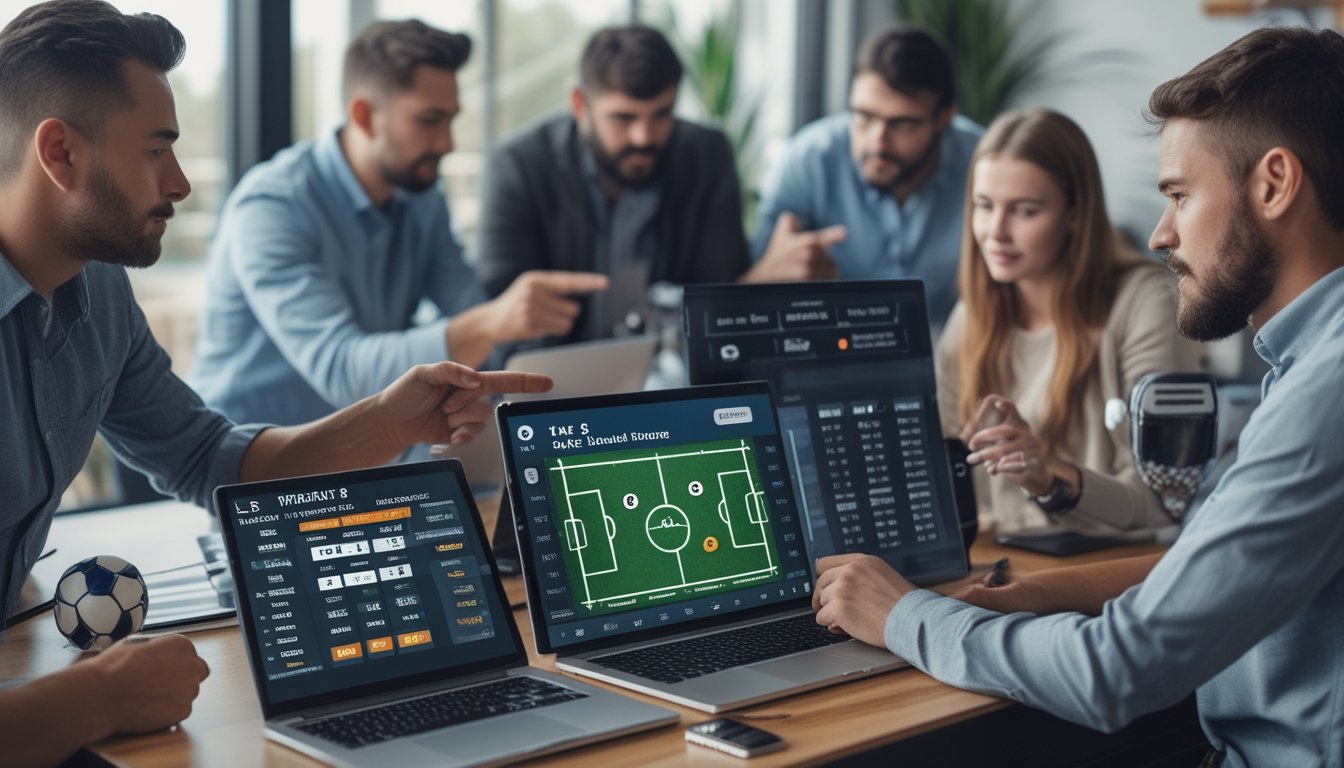 Sekelompok orang sedang menganalisis taruhan sepak bola 1X2 menggunakan layar digital dan perangkat elektronik di ruangan modern.