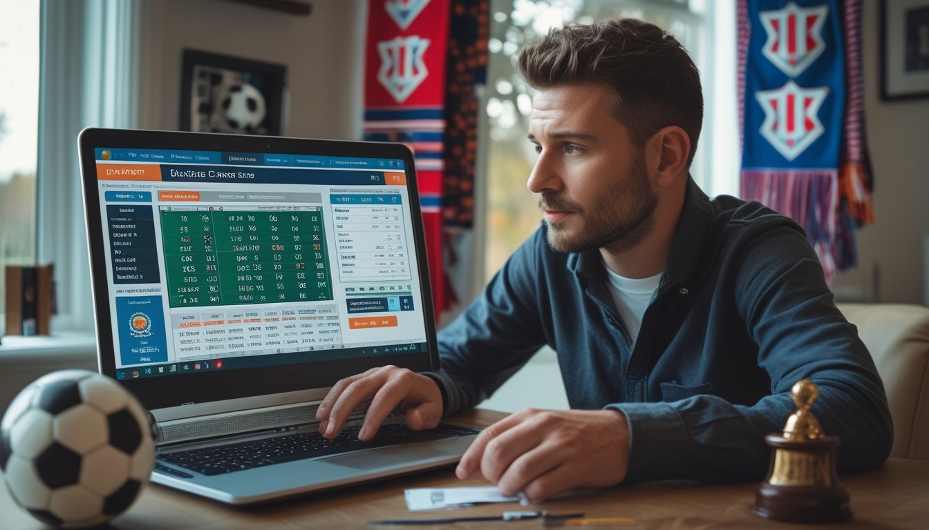 Seorang pria sedang menganalisis statistik pertandingan sepak bola di laptop di ruang kerja yang nyaman dengan perlengkapan sepak bola di sekitarnya.