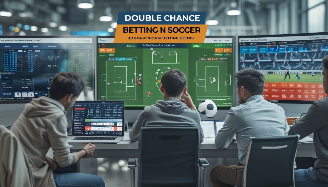 Seorang petaruh sepak bola sedang menganalisis statistik pertandingan di depan layar komputer dengan rekan kerjanya di ruang taruhan modern.